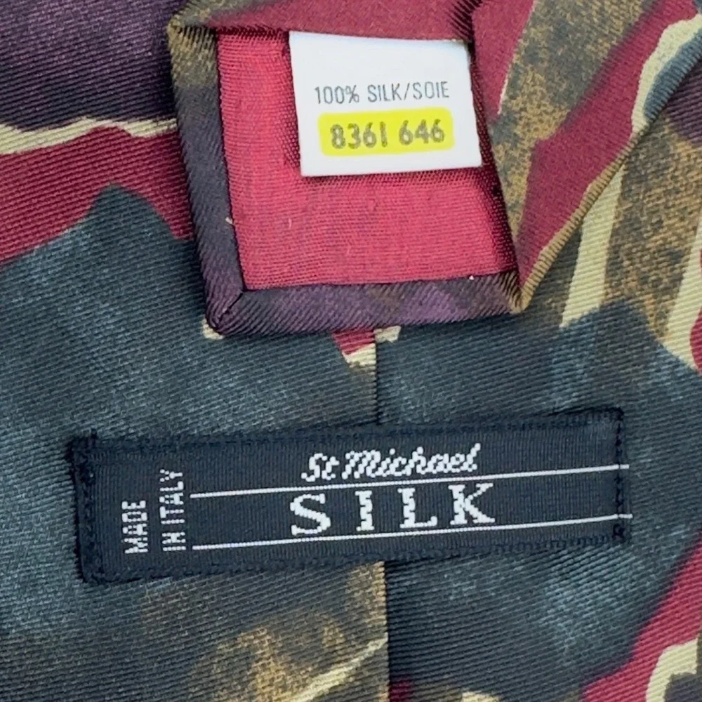 St Michael Mens Silk‎ Tie Burgundy Abstract Floral Made in Italy 3.5w X 57